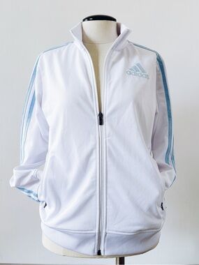 adidas White Track Bomber Jacket with Light Blue Stripes